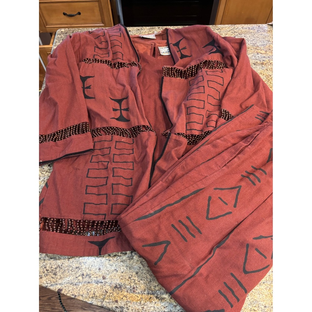 Vtg Mulato 3 Piece Set Red Cotton Beaded Tribal Print Duster Top Pants Medium‎